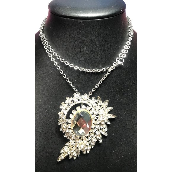 Vintage Large Clear Rhinestone Floral Layered Pendant Necklace Silver Tone 4” - Picture 2 of 6